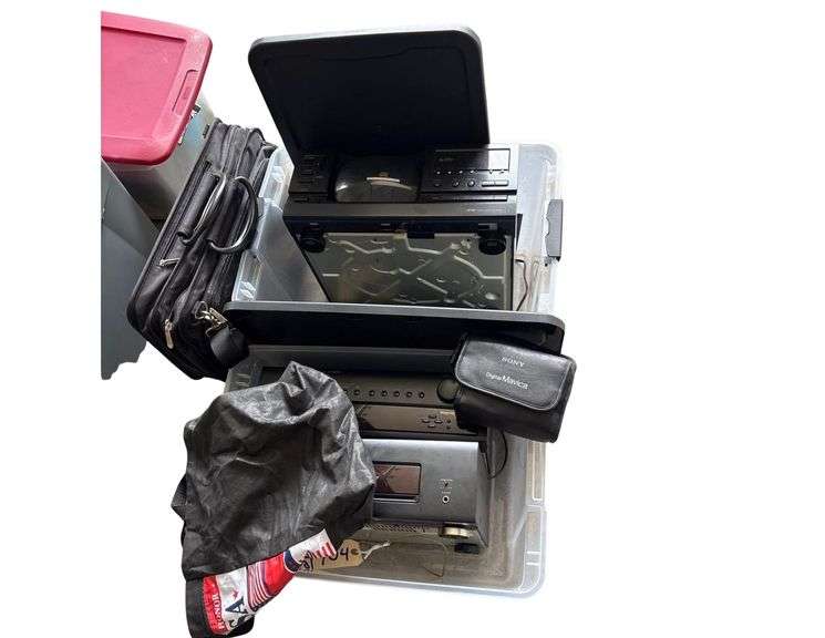 Bag, 2 Boxes containing 4-Channel High Power Amplifier, Stereo Tuner Control Amplifier, File-Type Compact Disc Player, Sony Digital Mavica image