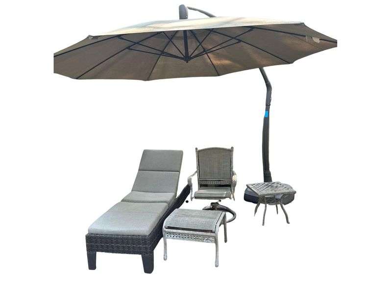 4 Chairs ,2 Foot Stools a24x24x24 Inch Table a Chase Lounge and 9 Foot Patio Umbrella image