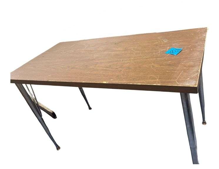 3 Wood and Metal Tables a 48x24x26 Inch, Adjustable 40x19x25 Inch. And a 36x24x26 Inch Tables along with a Metal Garbage Can image