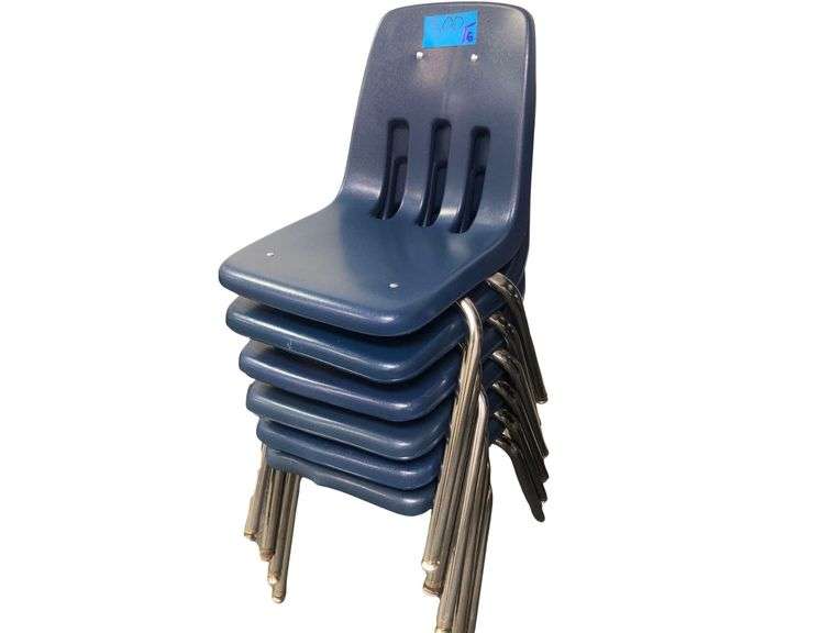 6 Virco Blue Plastic Chairs With Metal Legs image