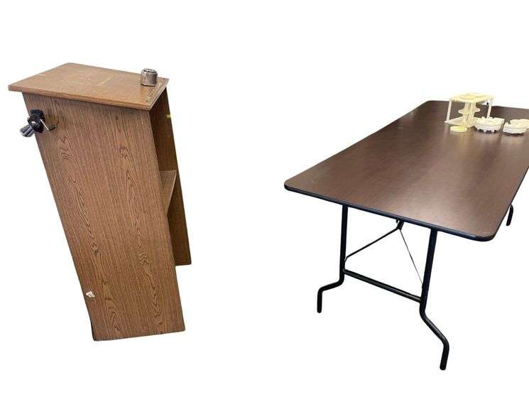 A 72x30x29 Inch Table a 48x24x25.5 Inch Table a Few 3D Printer Items Machinery Books and a Surge Protector and a 56 Inch Tall Podium image