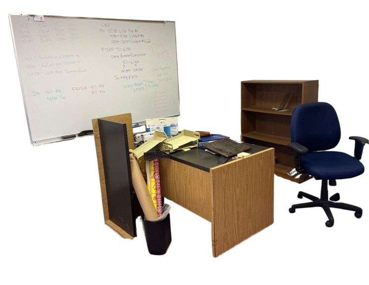 Contents of Office 60x30x28 Inches 71x48 Inch White Erase Board a 38x12x48 Inch Book Case image