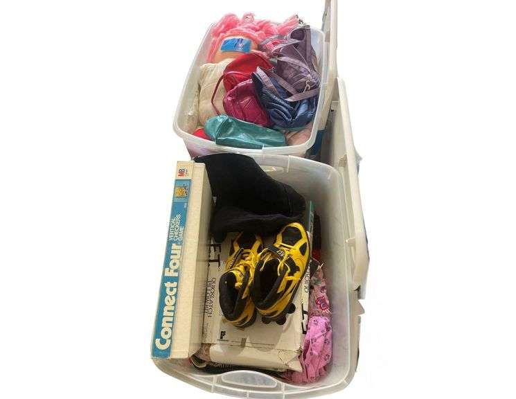 2 Plastic Totes of Stuffed Toys Purses Size 6 Sneakers Games image