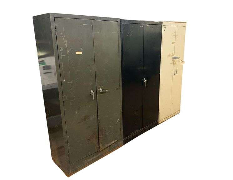 3 - Steel Cabinets- 6ft. H. X 3ft. W. X 18 in. D. - Contents Included- Screws- Wood - Trouble Light - Hardhats - Drill Bits - Caulk Gun image