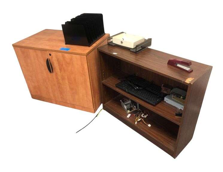 Wooden Office Cabinet 35in x 22in x 29in With Contents and 30in Bookshelf With Contents image