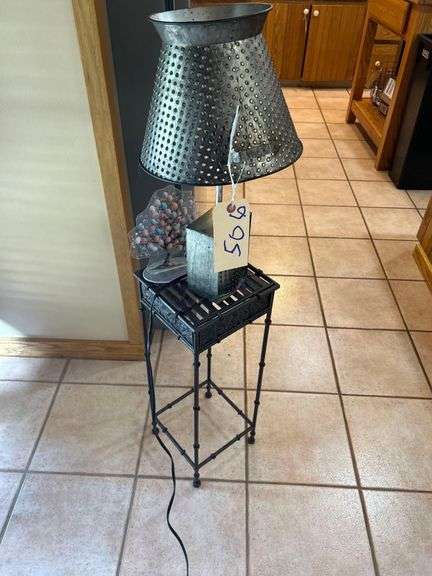 Metal Stand, 9 in x 9 in x 24 in with Lamp and Tree Decoration image