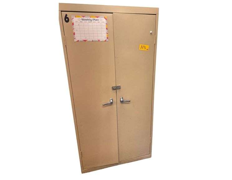 Metal Cabinet and Contents and Tin Garbage Can With Lid image