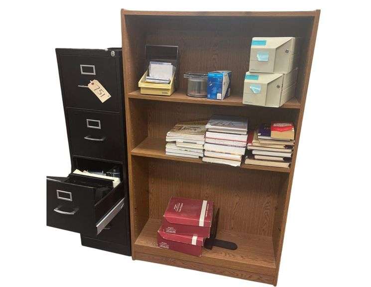 Metal 4 Drawer File Cabinet, Wooden Book Case image