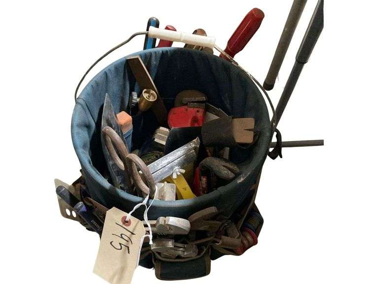 Bucket of Tools Including Wrenches, Screwdrivers, Crowbars, and Tape Measures image