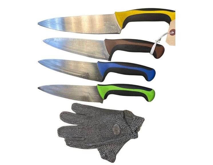 4 Mercer Culinary Knives with Cutting Board and Cut Glove image