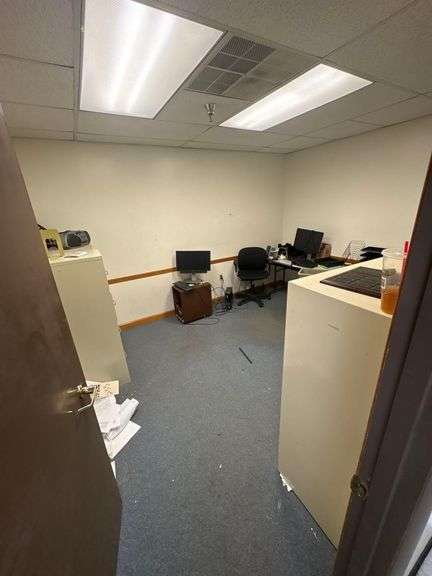 Contents of Room - 2 Dell Monitors, Desk, 2 Keyboards, Office Chair, Filing Cabinets, Trash Can, Radio, Etc. image