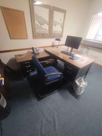 L Shaped Desk - Dell Computer - Office Chair - Trash Can image
