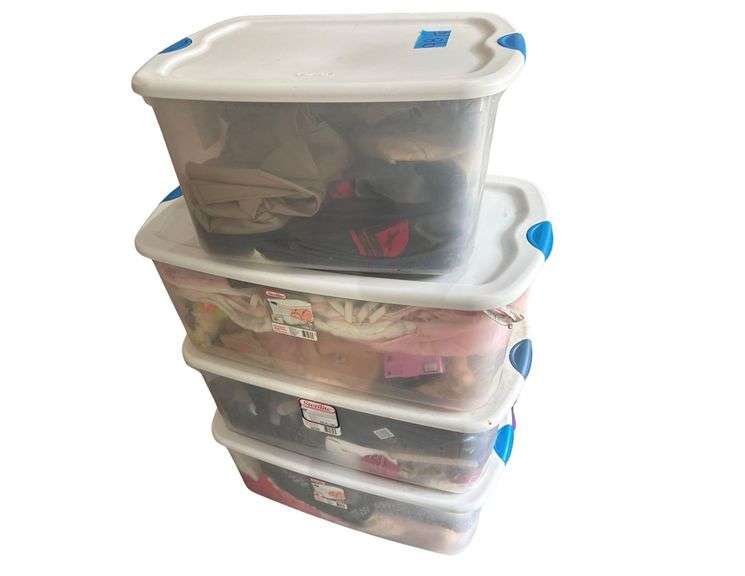 4 Boxes containing Clothes, Blankets, Purse, Sandals, Blankets, Pillows, Etc. image