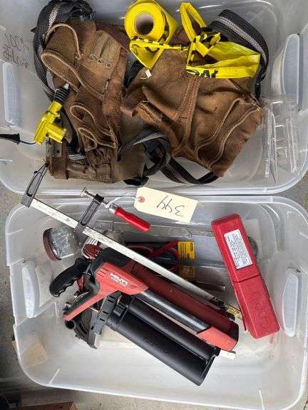 Hilti HDM 500 Adhesive Dispenser and Contents of 2 Bins - Tool Belts - Clamp - Saw image