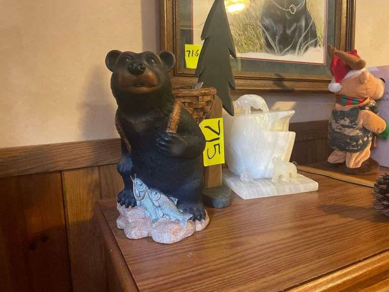 An 11 Inch Tall Black Bear with a Basket of Fish. A 17 Inch Tall Wooden Pine Tree.A 8 Inch Tall White Marble Iceberg and 3 Polar Bears image