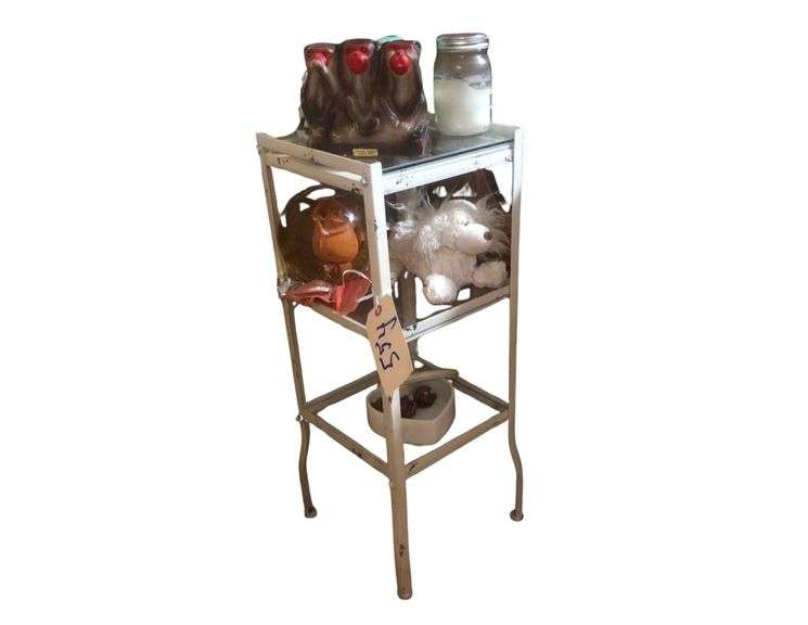 Stand 27” With Contents Including Candle, Glassware, and Stuffed Dog image