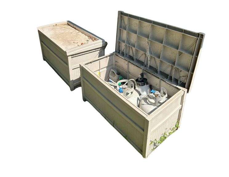 Two Suncast Plastic Storage Benches and Contents - 40 in x 21 in x 23 in - Propane Tanks, Sprayers, Etc image