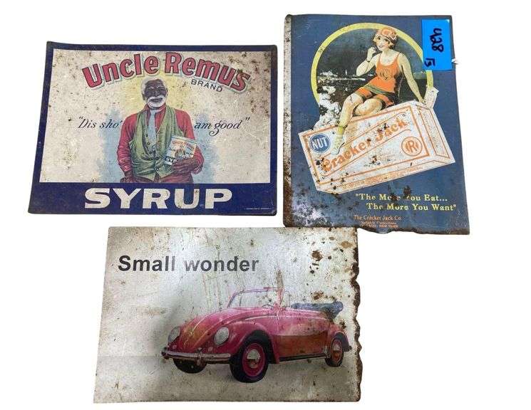 3 Metal Decorative Signs “Uncle Remus”, “Cracker Jack”, and “Small Wonder” image