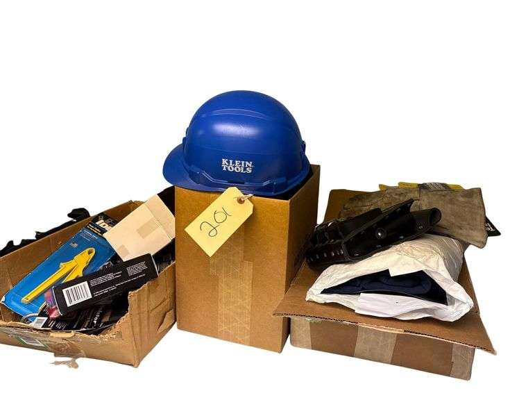 3 Boxes containing, Locks, Construction Hat, Welding Gloves, Tools, Clothes, Tool Pouch, Etc. image