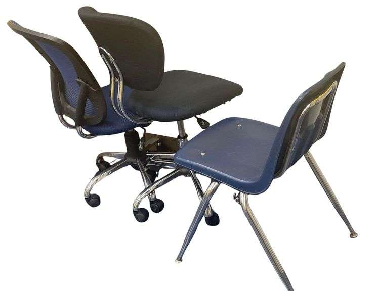 2 Office Chairs on Wheels with a Blue Plastic And Chrome Chair image