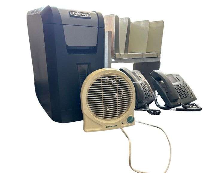 Fellowes Shredder, Duracraft Space Heater, Two Inter-Tel Phones, Wooden Shelf and Metal Organizer image
