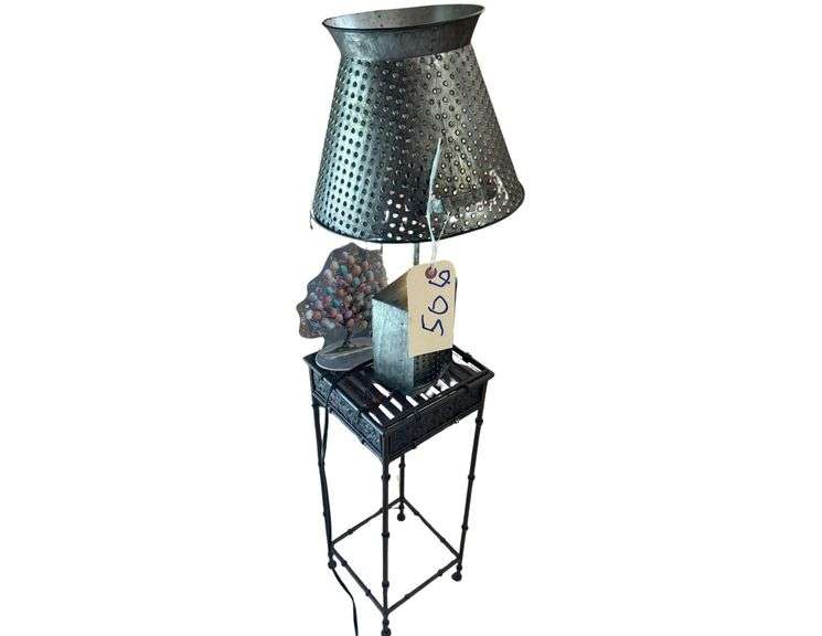 Metal Stand, 9 in x 9 in x 24 in with Lamp and Tree Decoration image
