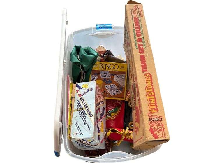 Box containing FlintsTones Train Set & Village, Roller Skates, Bingo, Etc. image