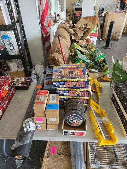 Stanley Miter Saw with Box x 2, 7 in. Mower Wheel x 4, Several New in Box Organizers for Batteries, Several Boxes of Velcro Tape, Bed Risers 2 Sets of 4, Insect Screen 3 Ft x 100 Ft. image