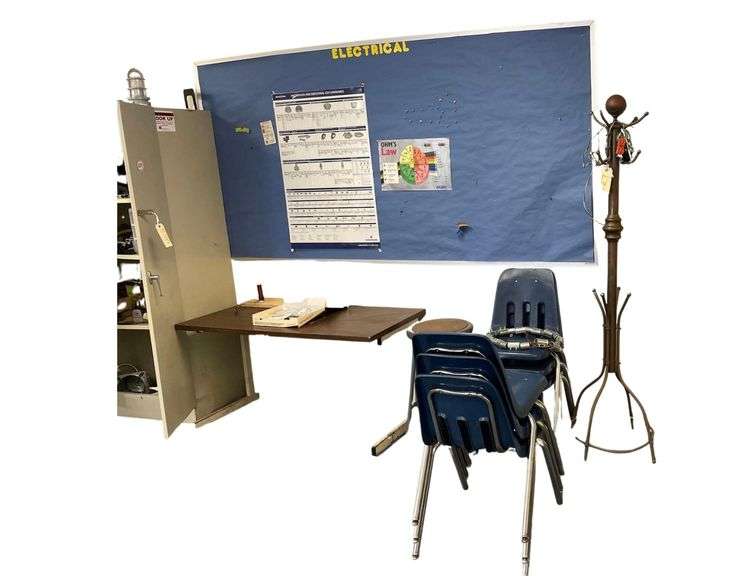 69 Inch Tall Brass Coat Rack 6 Blue Plastic And Chrome Chairs a Stool a 48x24x26 Inch Table with a 8x4 Foot Peg Board image