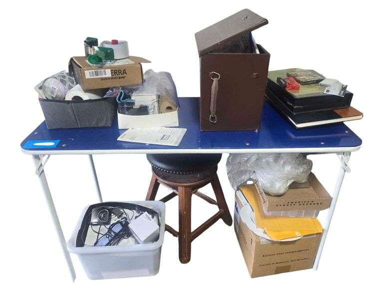 4ft Folding Table - Blank Cassettes- Lock Box (no Key but opened) - and Various Cords image