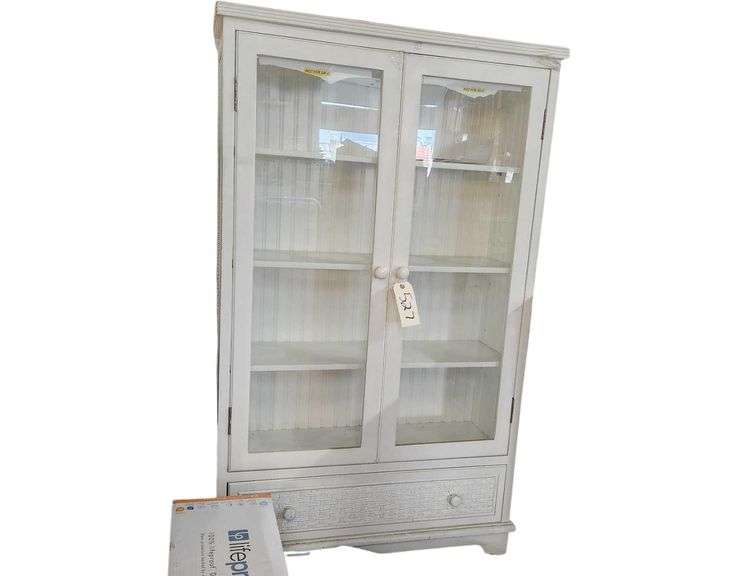 White Cabinet with Glass Door Fronts snd Drawer - 36 x 13 x 5ft - Woven Fronts and Sides image