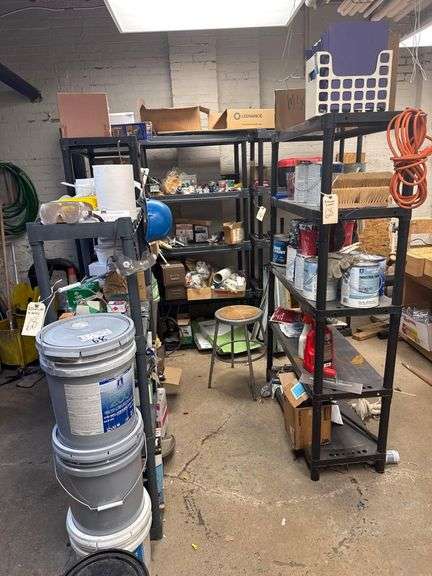 5 Plastic Shelves and Contents - Paint and Painting Supplies - Misc. Tools - Plumbing Supplies and Fittings - Emergency Light Fixtures - Product - Hoses - Janitorial Supplies image