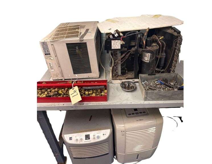 2 AC Units - 2 Dehumidifiers and Metal Work Table w/ Contents image