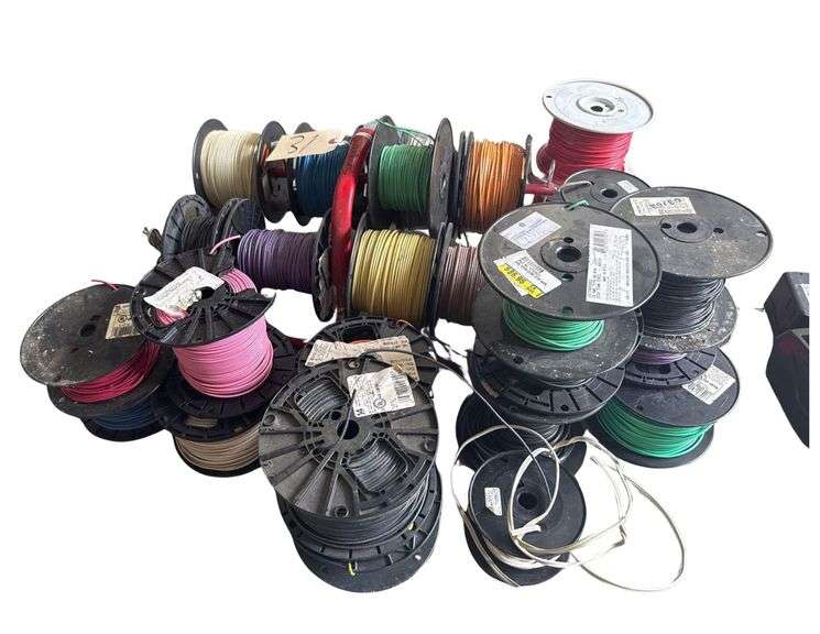 Several Misc. Gauge Spools of Electrical Wire Telephone and Speaker Wire with Multi Spool Dispenser image