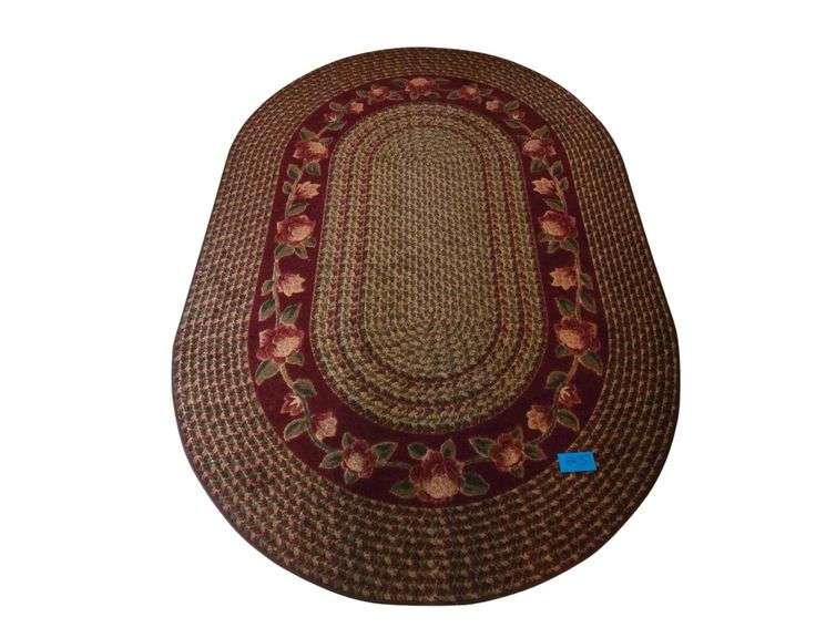 Large Oval Area Rug. Burgundy Background. Approx 94 in. x 64 in. image