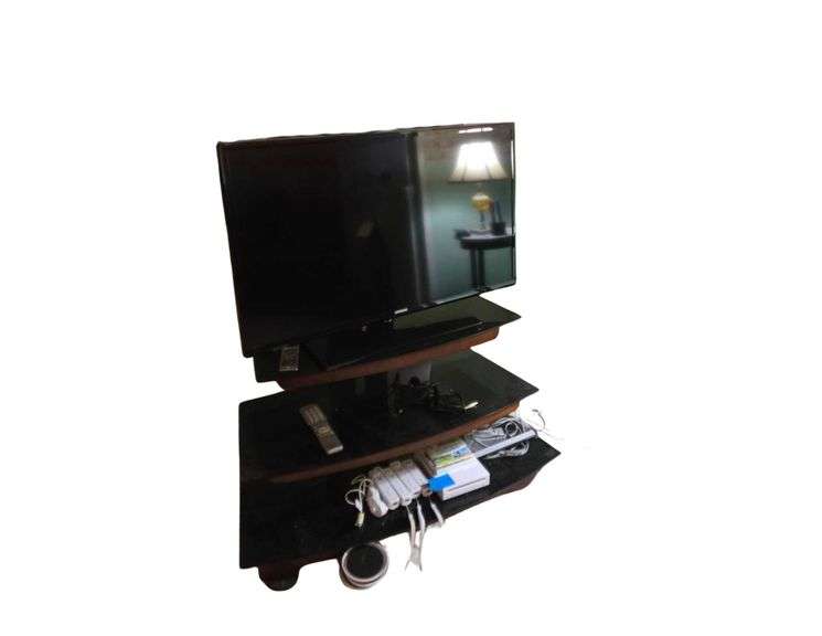 Samsung Stand Alone (working) TV 38 in. TV Stand 40 in. W x 19 in. D x 23 in. H. Non-working TV with TV Stand Attachment screwed to the Back. Wii Game NOT INCLUDED image