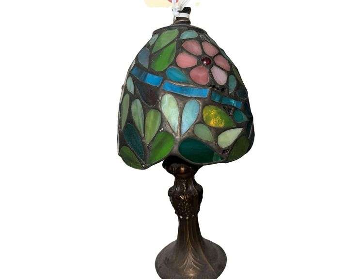 Vintage Stained Glass Table Lamp (12" Tall) - Straw Doll - Doily - Jesus Figurine image