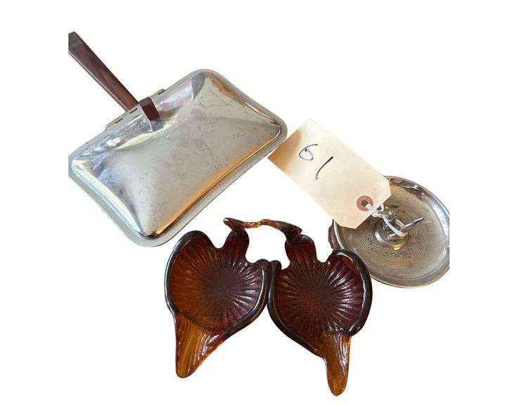 Amber Glass Swan Dish - Silent Butler Crumb Catcher - Chrome Bird Ashtray image