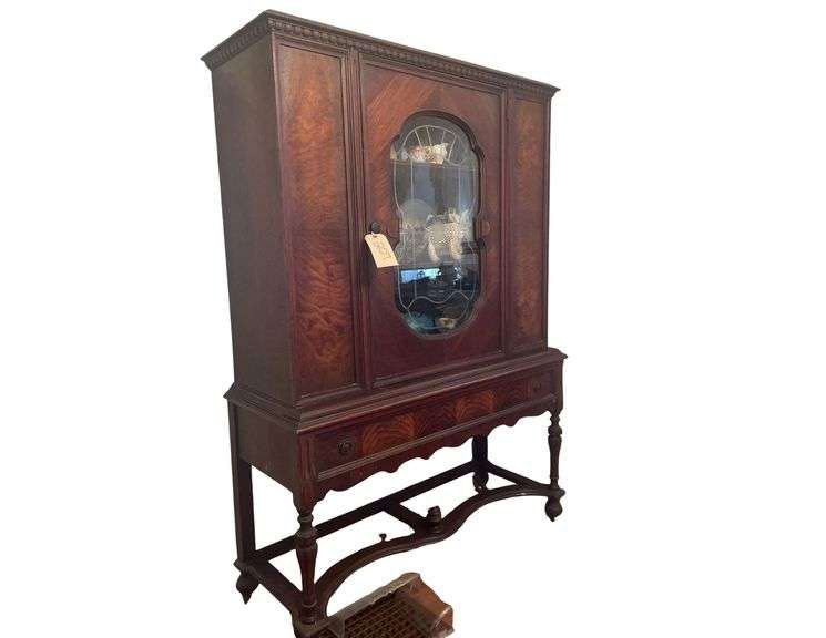 Very Old Wooden China Cabinet Wood Wheels 45.5 x16x65 Inches Contents not Included image