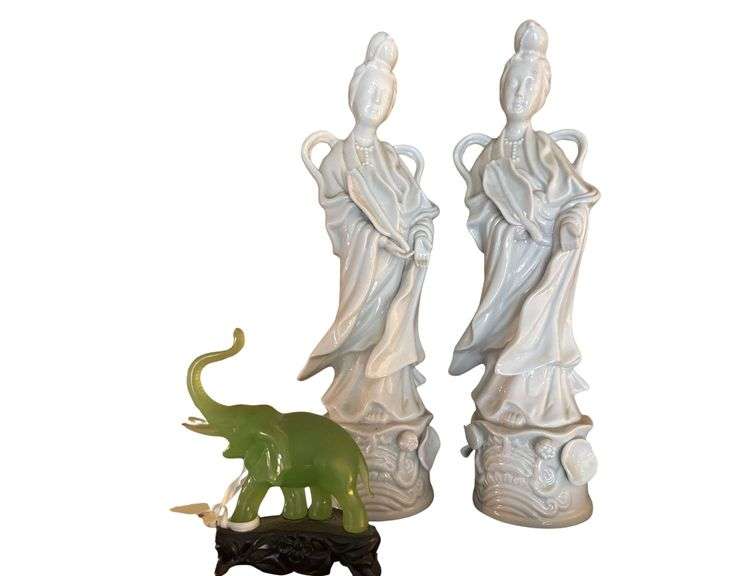 Faux Jade Elephant and Porcelain Geisha Figurines image
