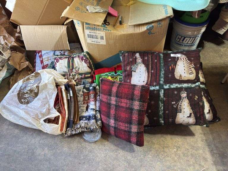 Holiday pillows and blankets.