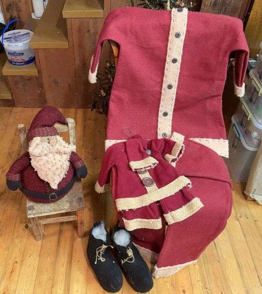 Two Santa Suits for decor and small stuffed Santa w chair image