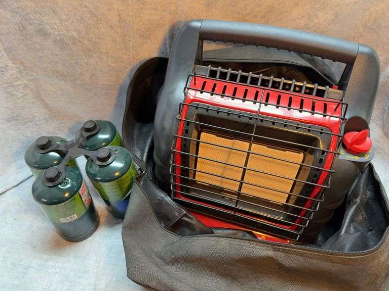Lot with Mr Heater propane heater 18000 BTU Max with storage bag, 16 oz propane tanks. image