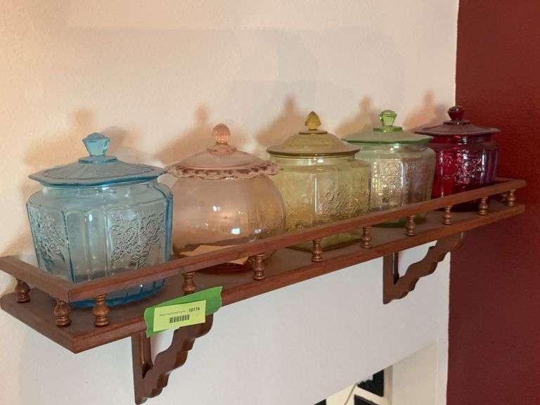 5 Depression glass cracker jars These have not been inspected for flaws as they are up on the wall shelf