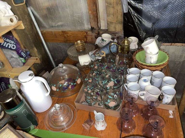 Norman Rockwell mugs, pitcher and drinking glasses, clear glass, etc image