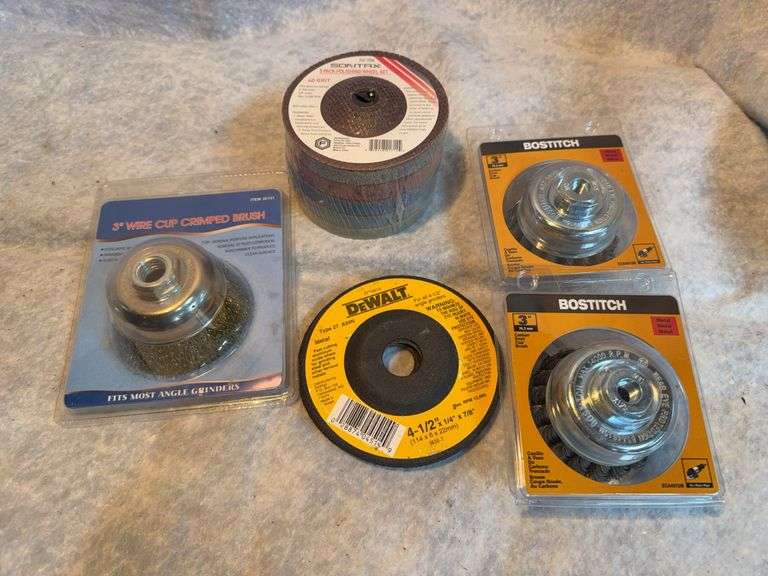 Angle grinder accessories consisting of two Bostitch 3-in wire cup brushes, 1in wire cup brush, five pack of 4-in polishing wheels, 3 @ .045 metal abrasive grinding wheels. One DeWalt 1/4-in metal grinding wheel. image