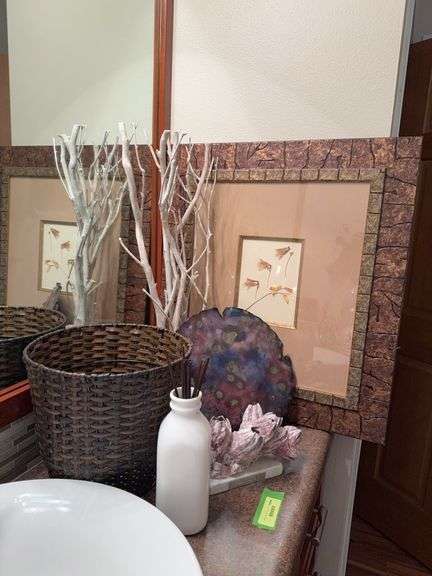 Wastebasket and decor includes wall art, barnacle, reed diffuser, etc image