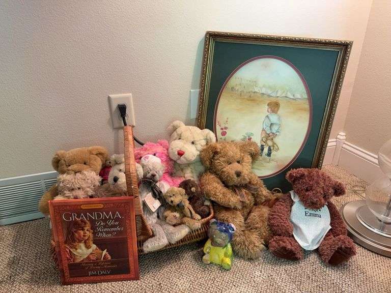Basket of bears, "Grandmas Remember When" book and a boy holding his bear print image