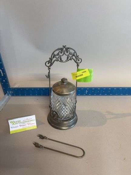 Britannia Metal Co quadruple plate pickle keeper and tongs image