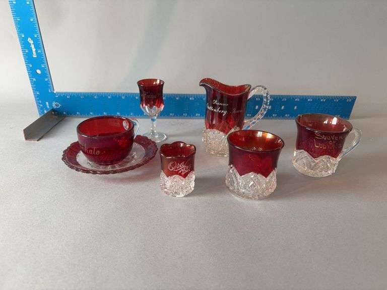 Several pieces ruby flash-Mankato, Cedar Rapids, Lodi WI, Guttenberg, Linder and Ora 1938 image